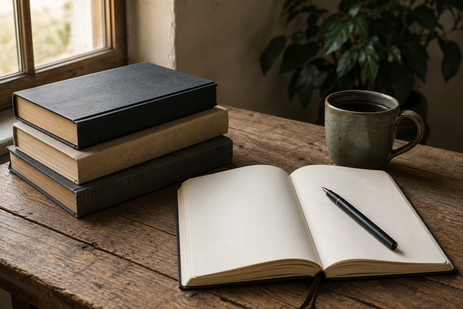 Bücher, Notizbuch und Kaffeetasse auf einem Holztisch